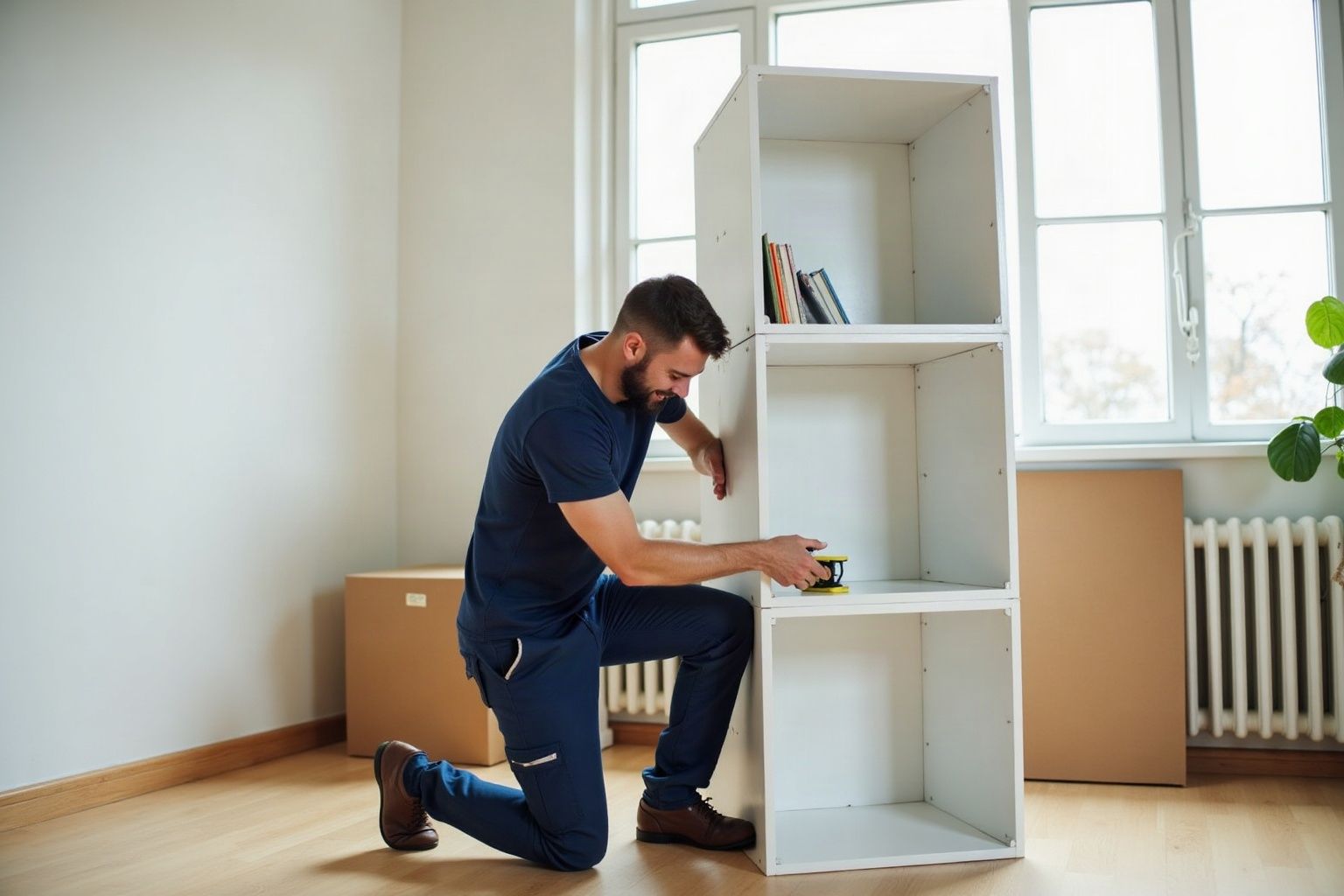 Wyelee assembler kneeling beside a white cube bookshelf in a bright living room, tightening the last fitting