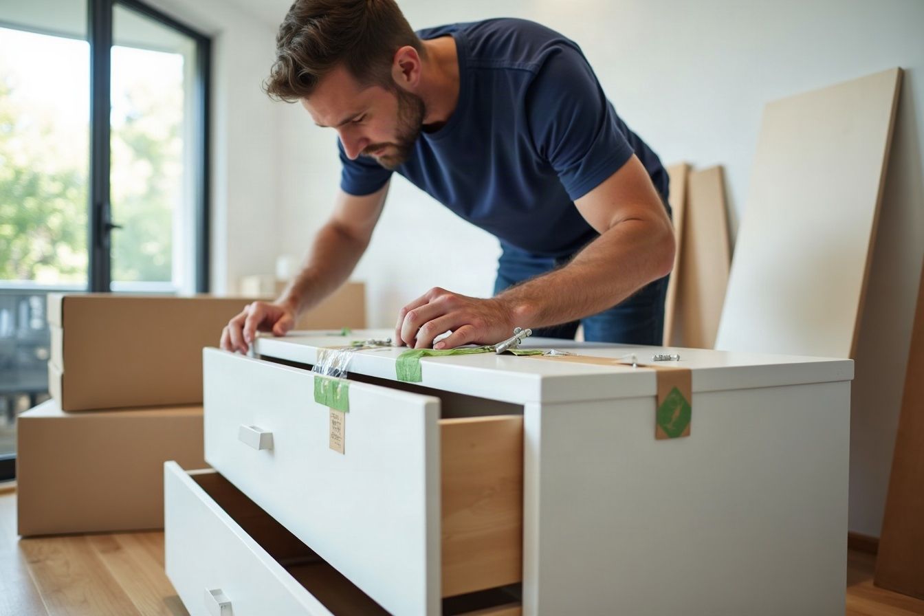 Wyelee assembler dismantling a white chest of drawers, the fittings sorted into green-taped, labelled bags