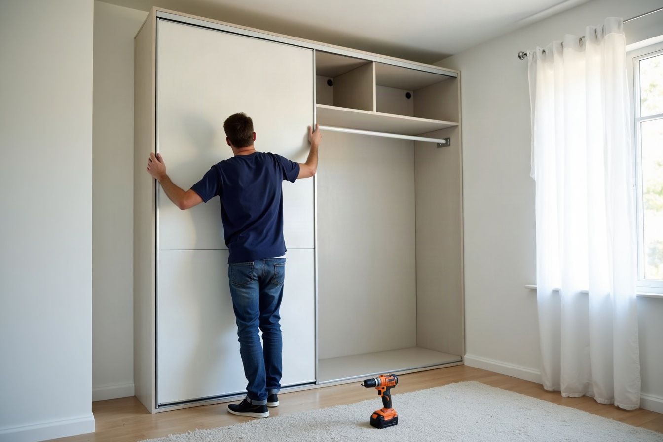 Wyelee assembler aligning a sliding wardrobe door on its top rail in a bedroom